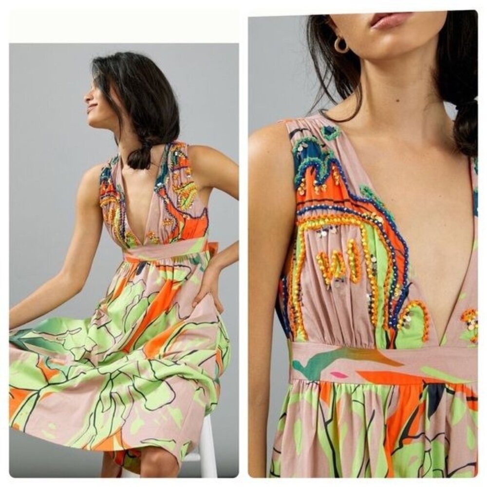 Anthropologie Midi Beaded Dress Green Floral Roopa Pemmaraju Size XS NEW
